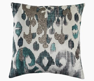 Creme Velvet with Turquoise Ikat Pillow 22 x 22 - Callisto Home